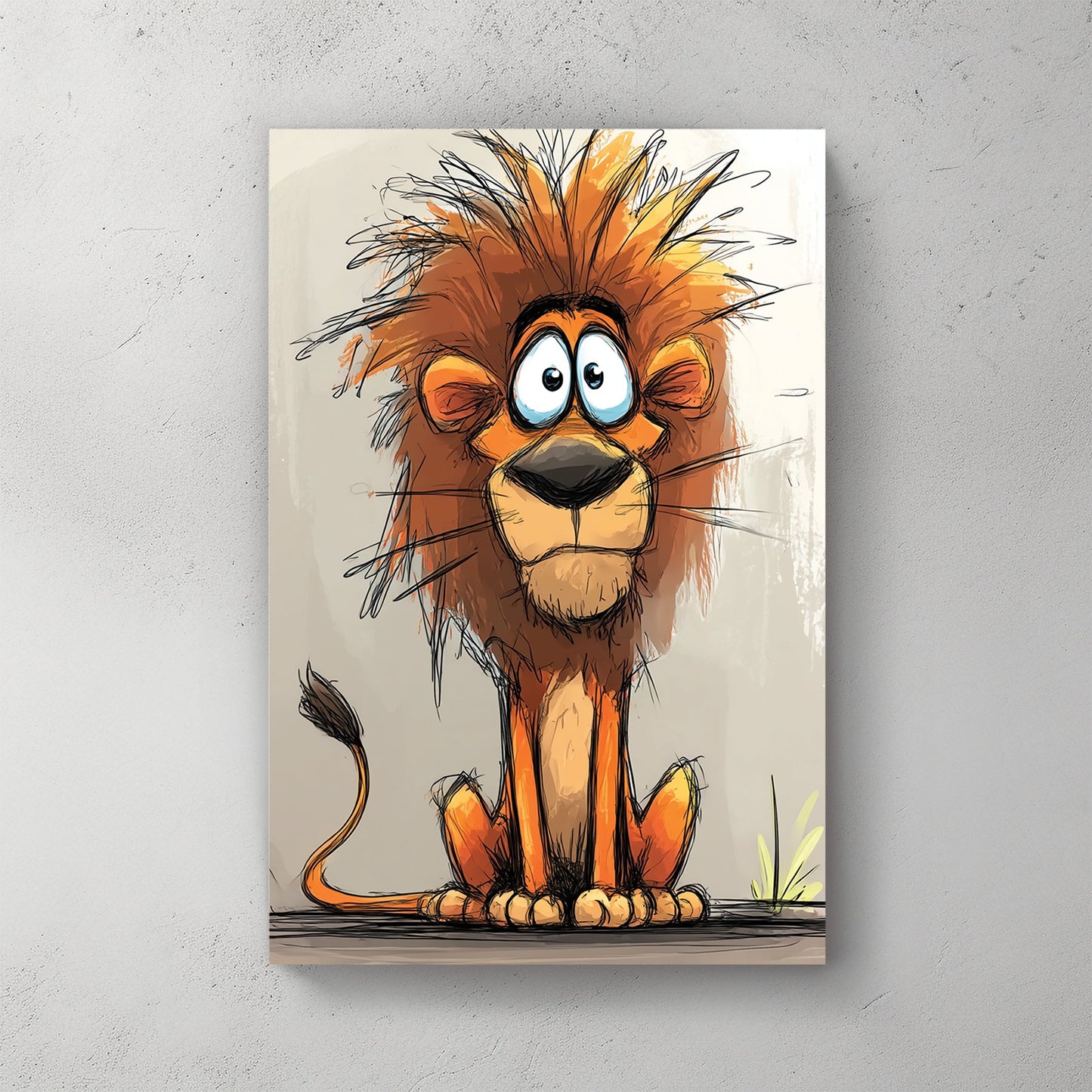 cartoon lion with wild orange mane and big eyes on light background