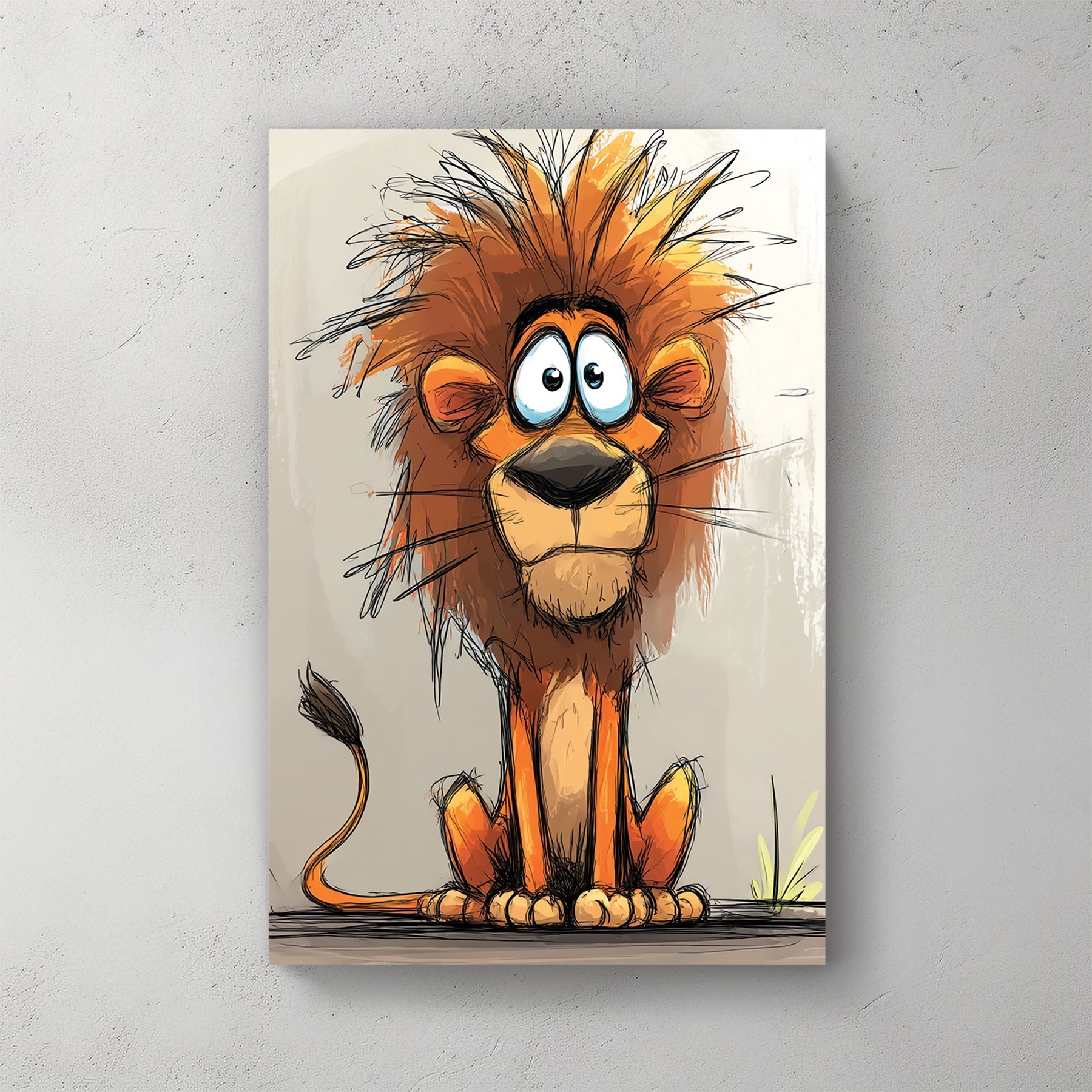 cartoon lion with wild orange mane and big eyes on light background