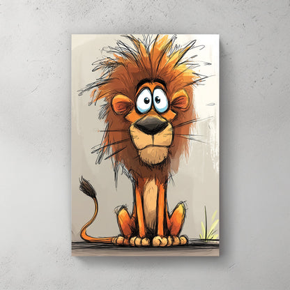 cartoon lion with wild orange mane and big eyes on light background