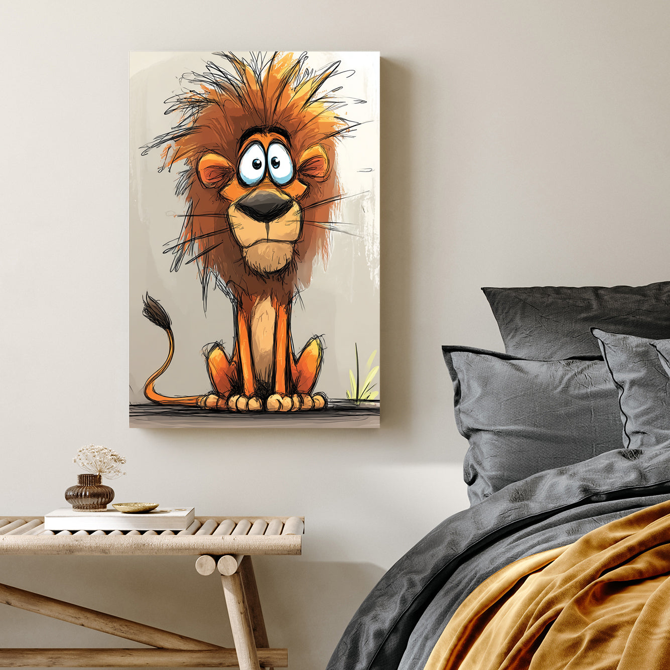 cartoon lion with wild orange mane and big eyes on light background