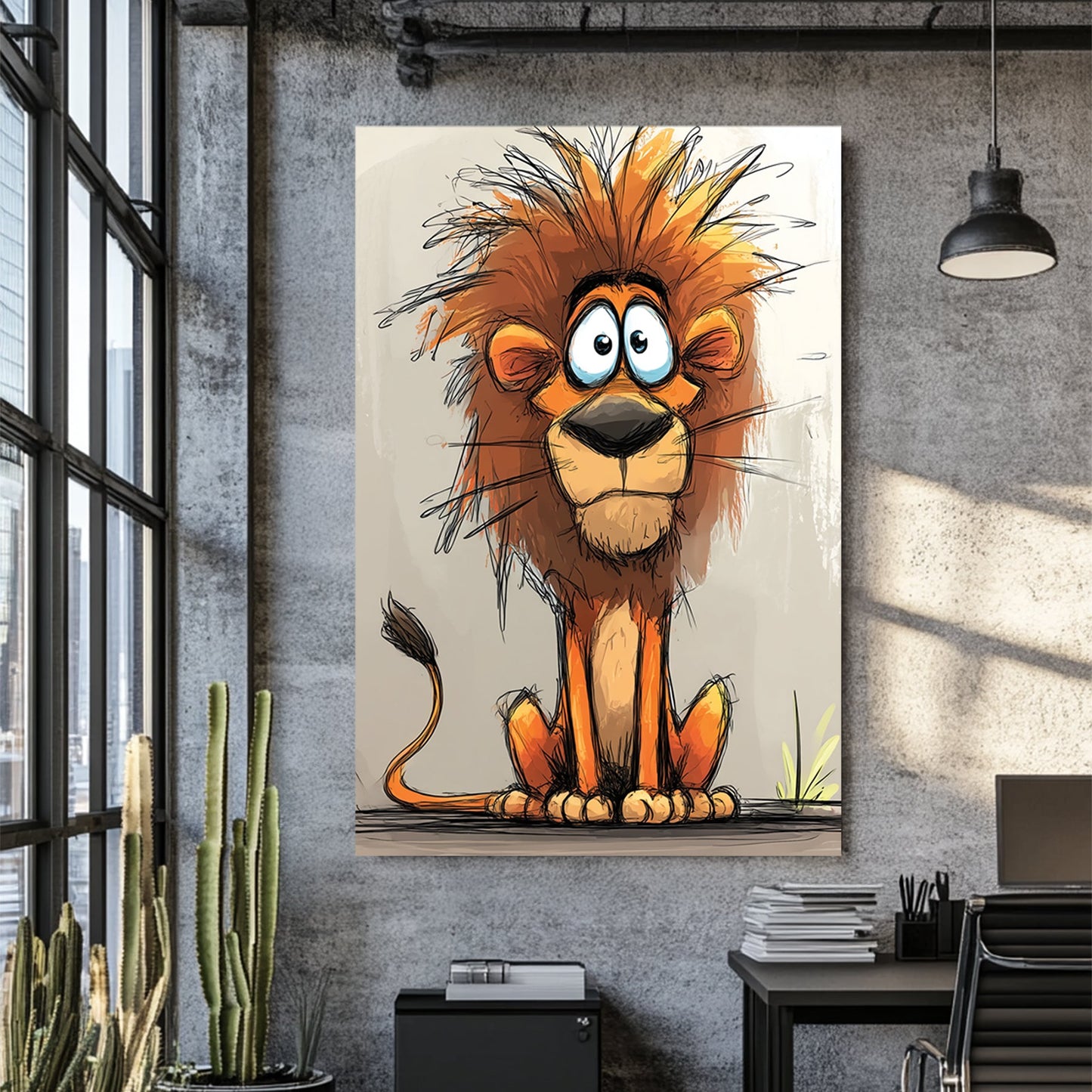 cartoon lion with wild orange mane and big eyes on light background
