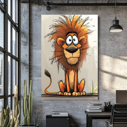 cartoon lion with wild orange mane and big eyes on light background