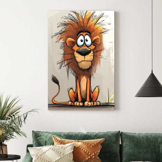 cartoon lion with wild orange mane and big eyes on light background