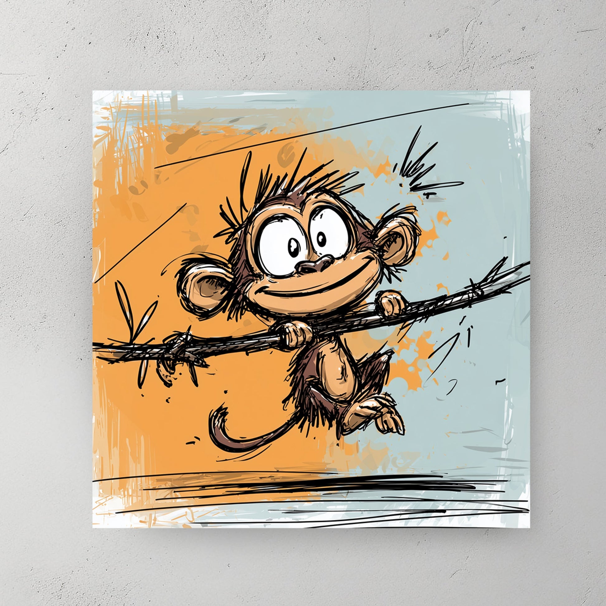 cartoon monkey swinging on vine with orange and blue background