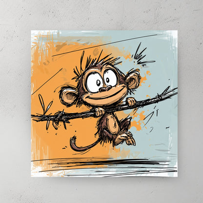 cartoon monkey swinging on vine with orange and blue background