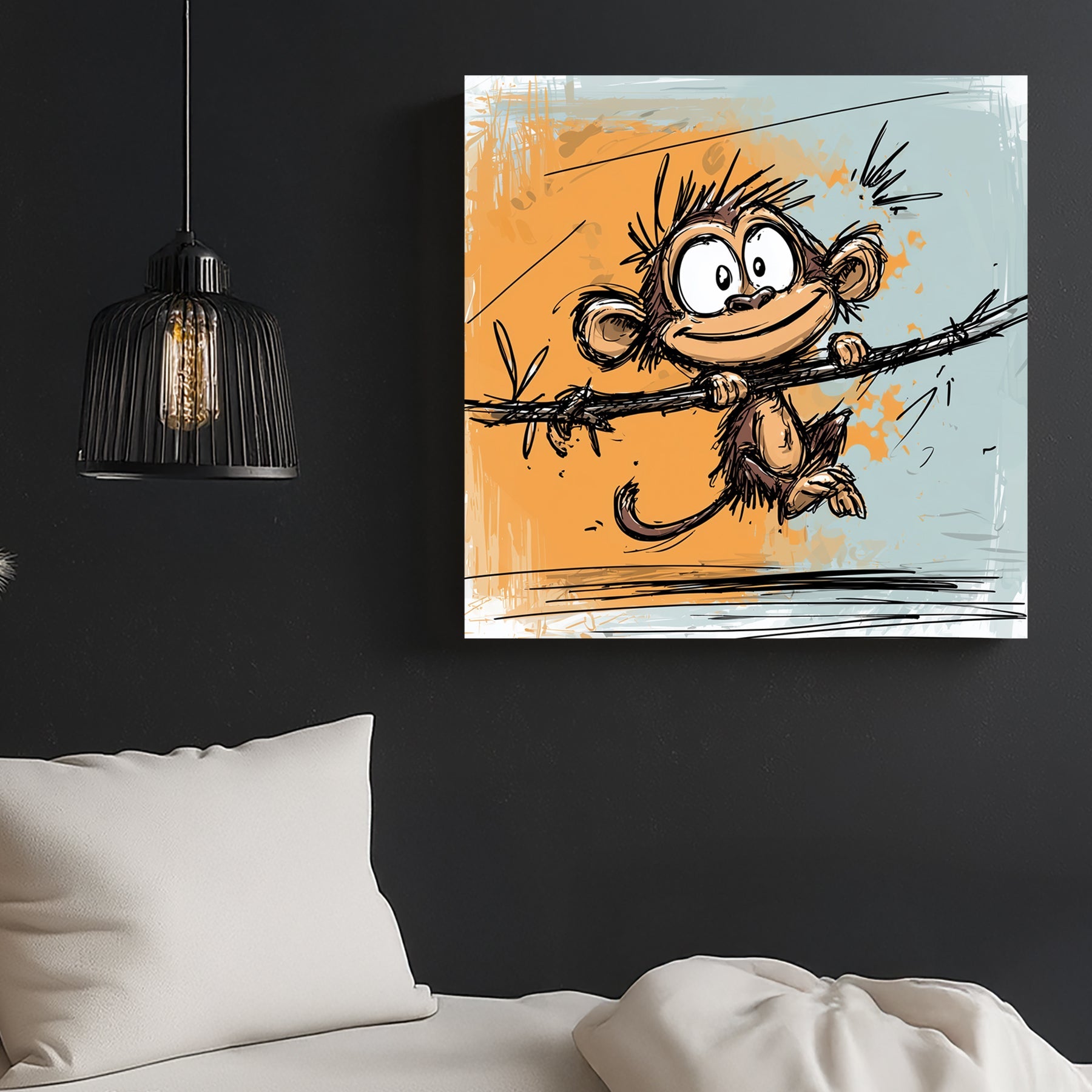 cartoon monkey swinging on vine with orange and blue background