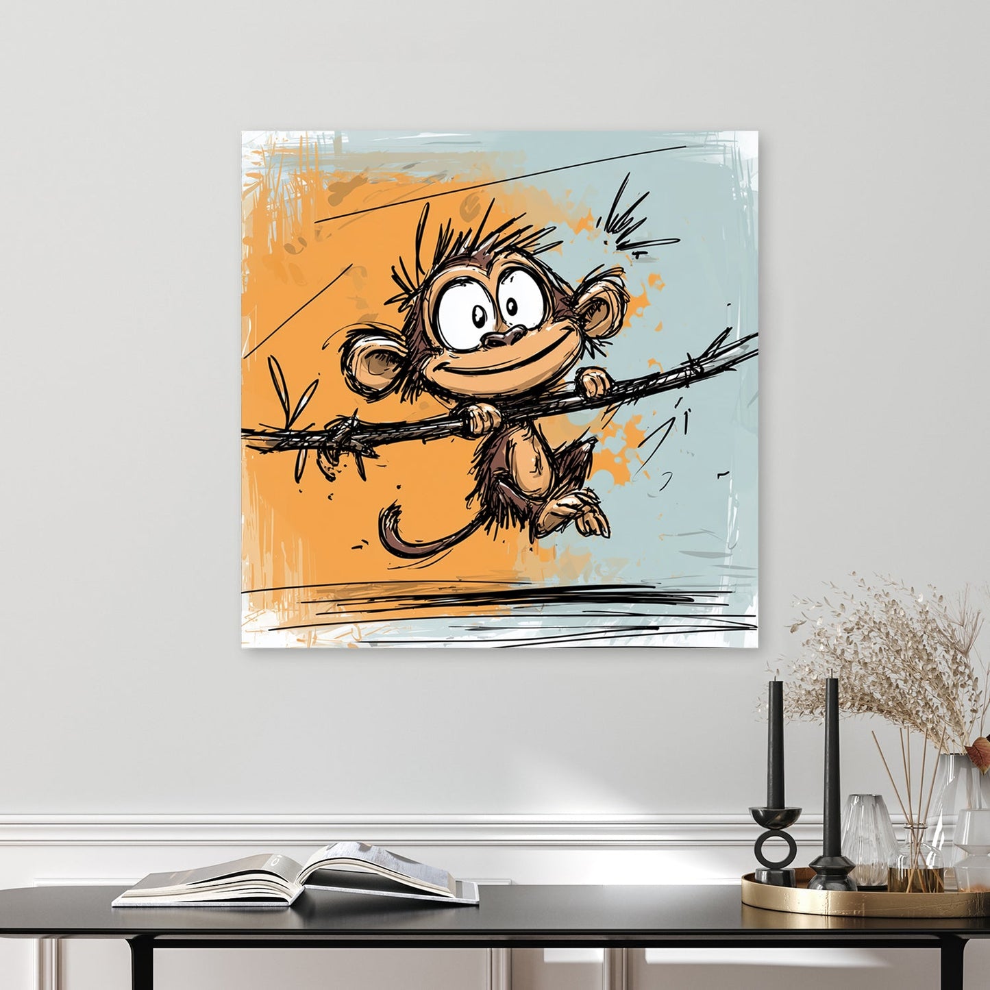 cartoon monkey swinging on vine with orange and blue background