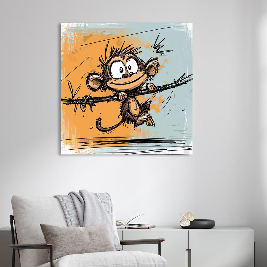 cartoon monkey swinging on vine with orange and blue background