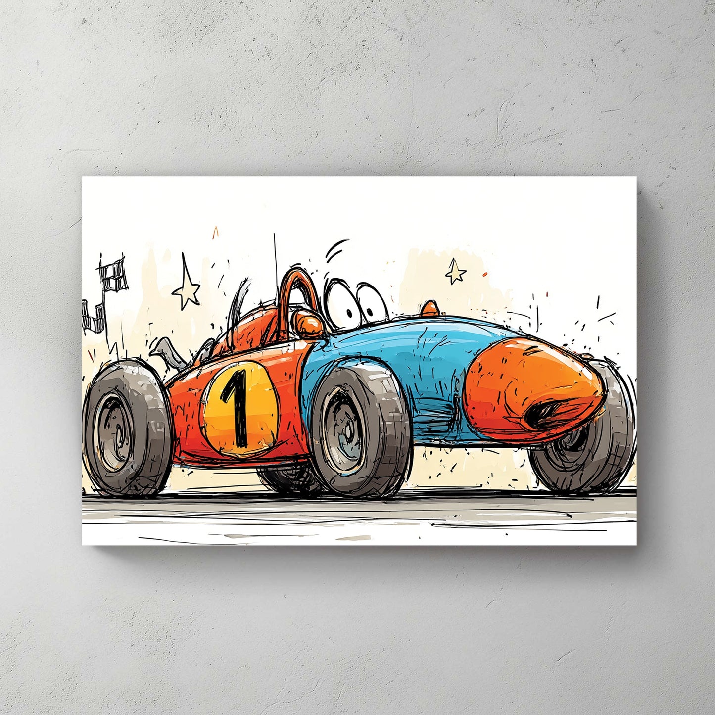 cartoon race car wall art with blue and orange colours and number one decal