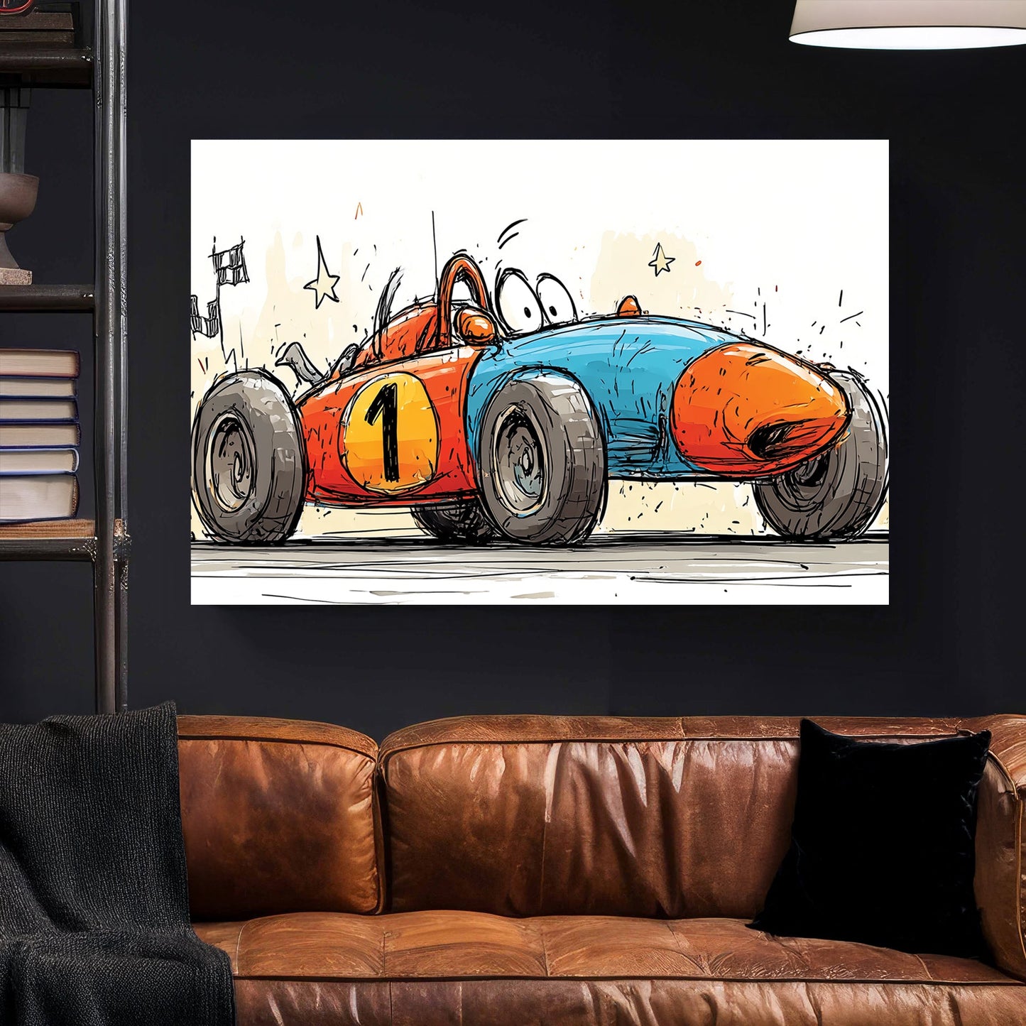 cartoon race car wall art with blue and orange colours and number one decal