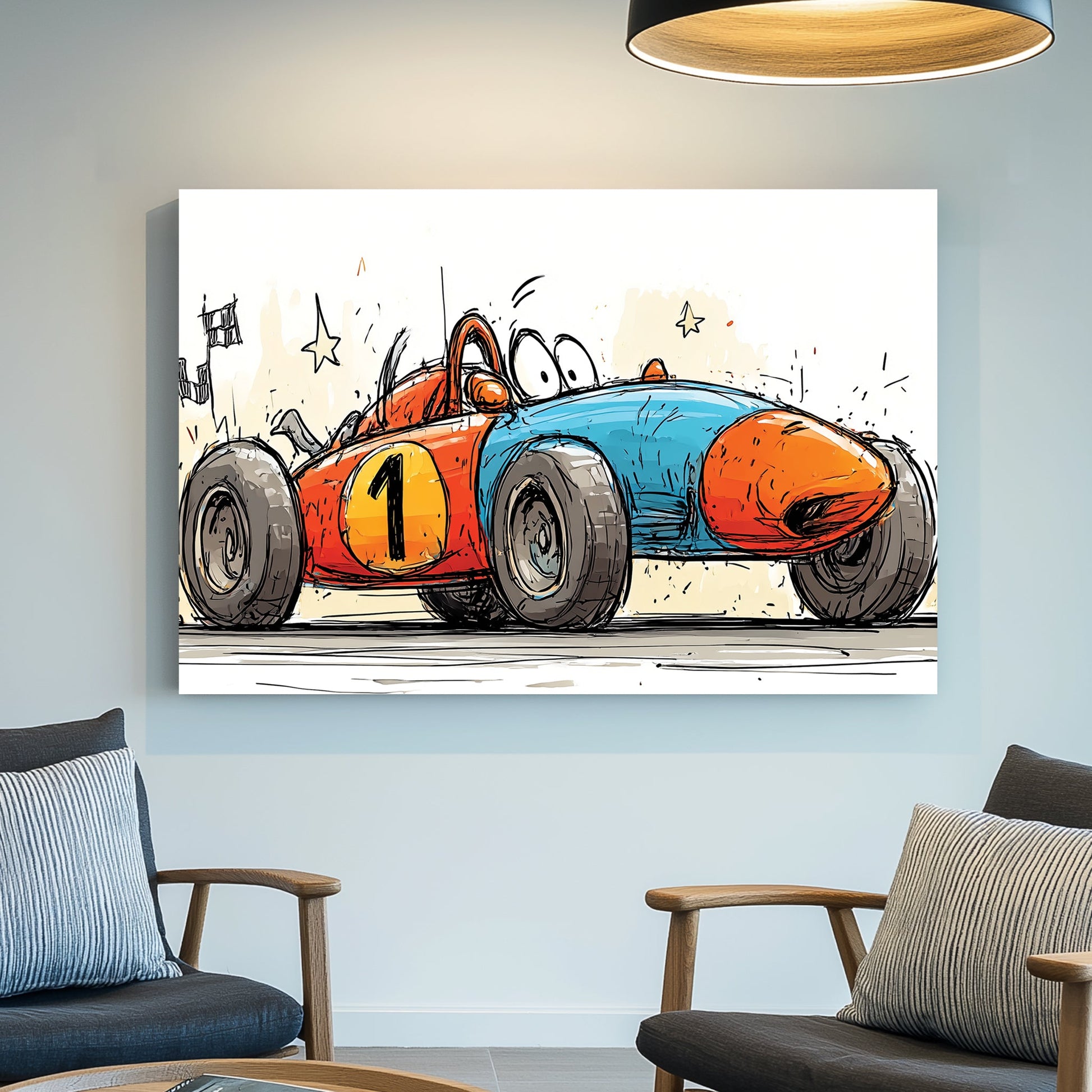 cartoon race car wall art with blue and orange colours and number one decal