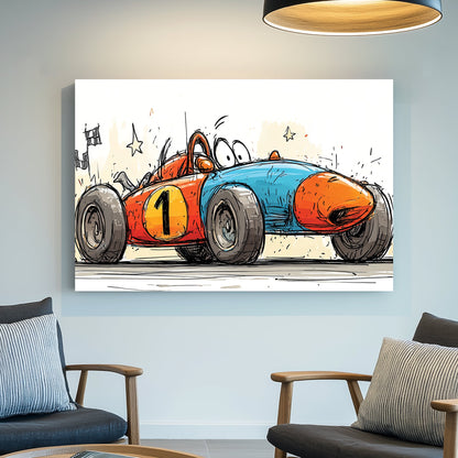 cartoon race car wall art with blue and orange colours and number one decal