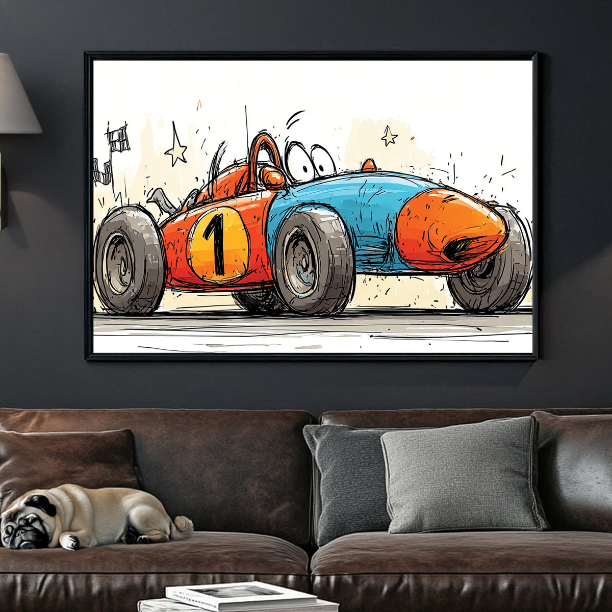 cartoon race car wall art with blue and orange colours and number one decal