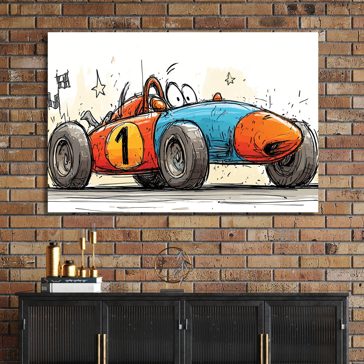 cartoon race car wall art with blue and orange colours and number one decal