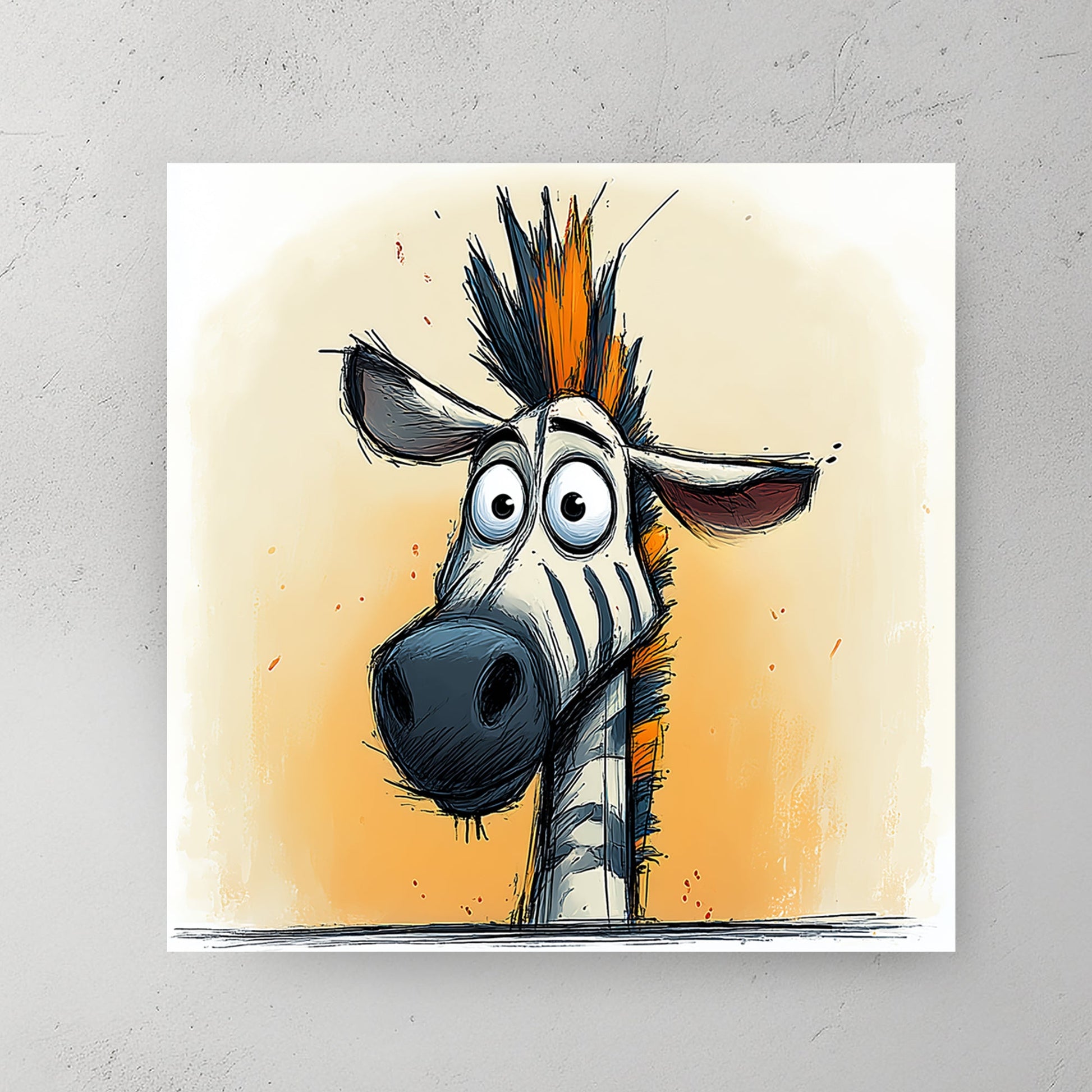 funny zebra wall art with orange mohawk and cartoon expression