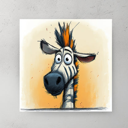 funny zebra wall art with orange mohawk and cartoon expression