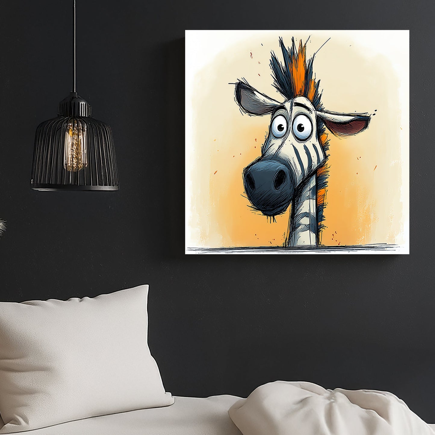 funny zebra wall art with orange mohawk and cartoon expression