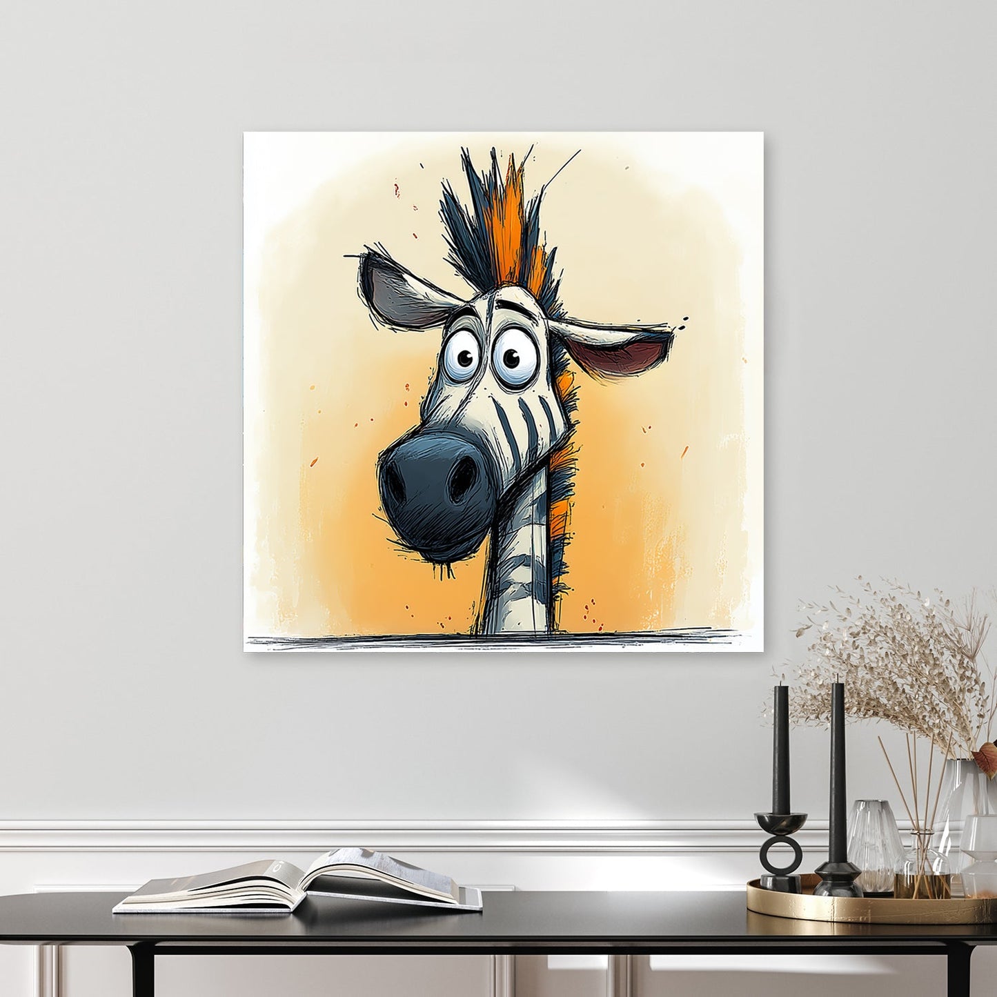 funny zebra wall art with orange mohawk and cartoon expression