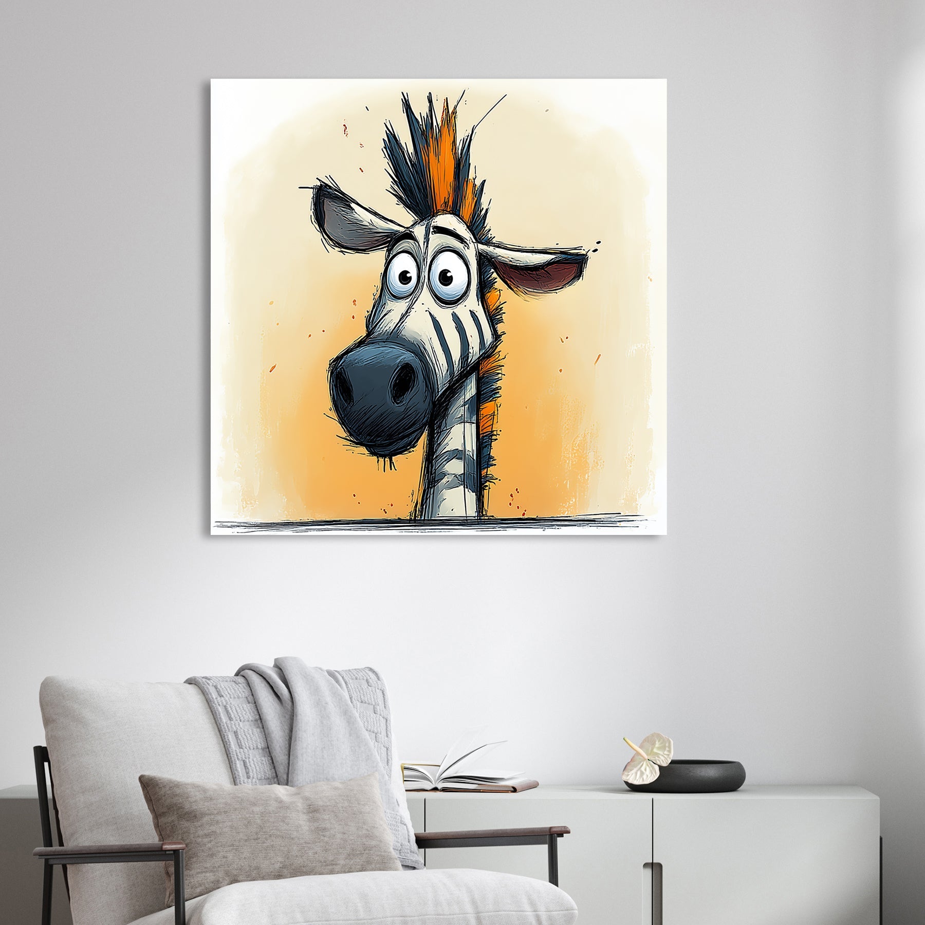 funny zebra wall art with orange mohawk and cartoon expression
