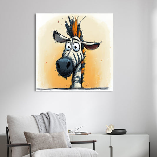 funny zebra wall art with orange mohawk and cartoon expression
