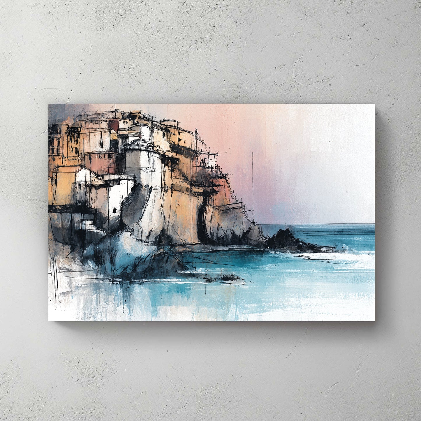 Cinque Terre mediterranean cliffside village wall art in pastel and turquoise tones