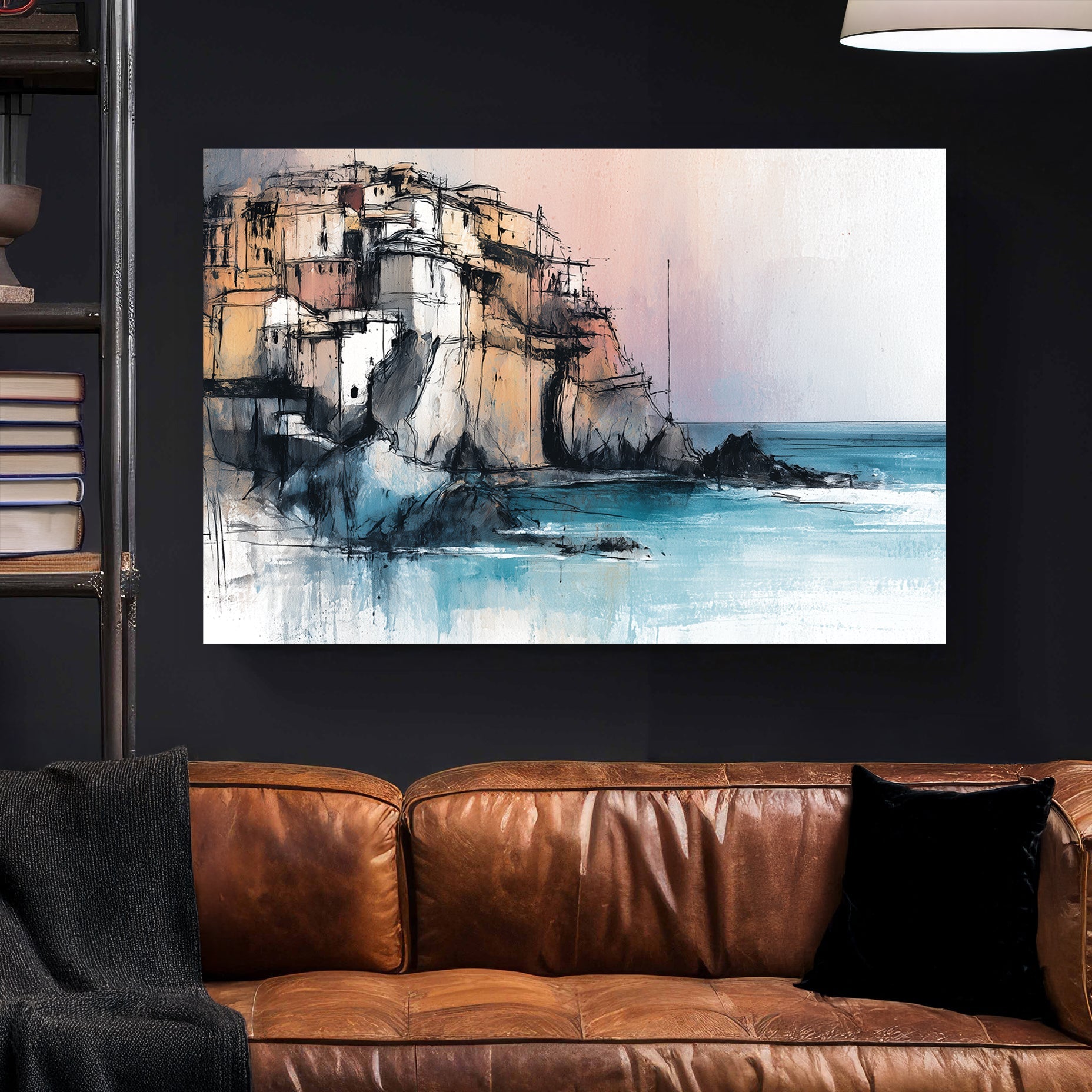 Cinque Terre mediterranean cliffside village wall art in pastel and turquoise tones