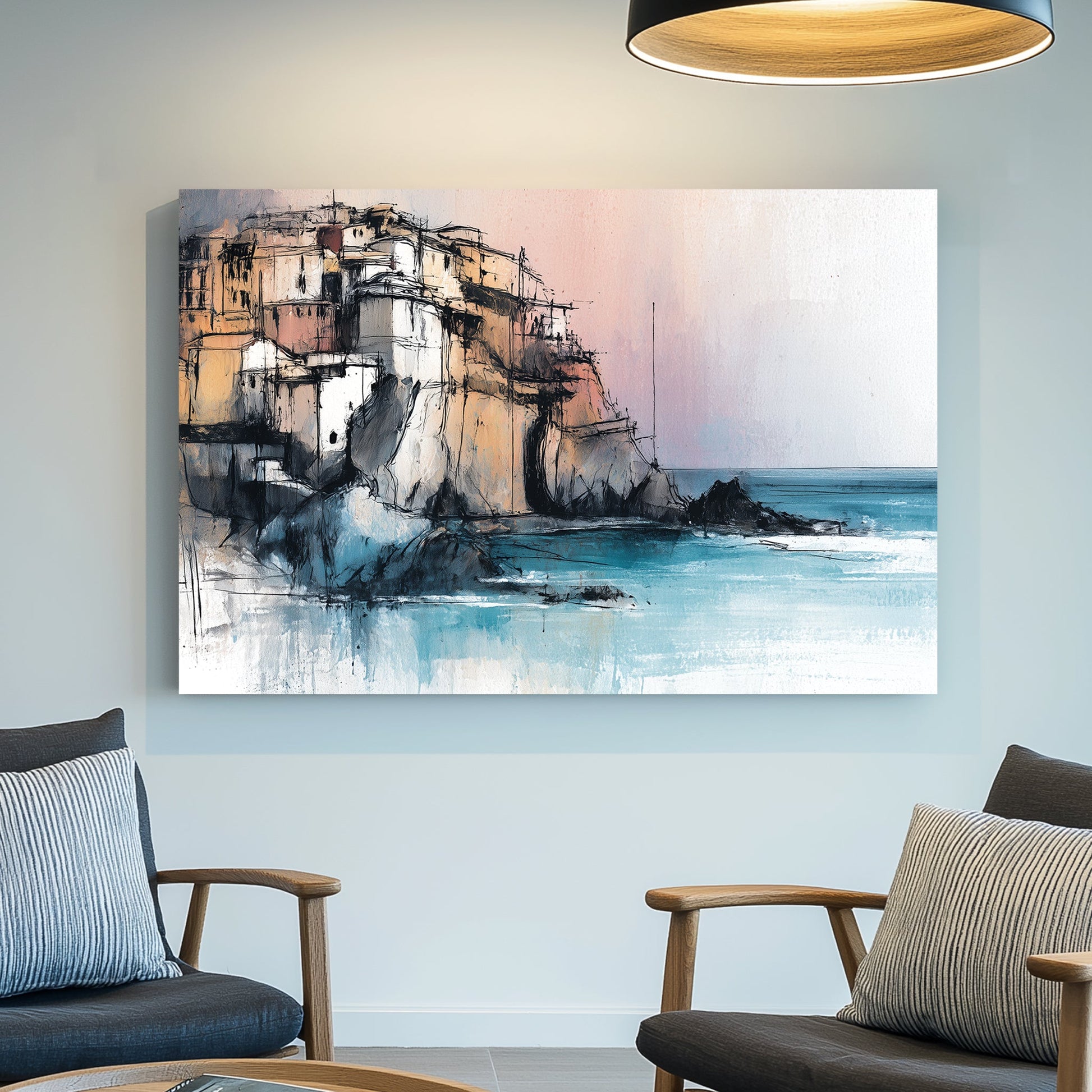 Cinque Terre mediterranean cliffside village wall art in pastel and turquoise tones