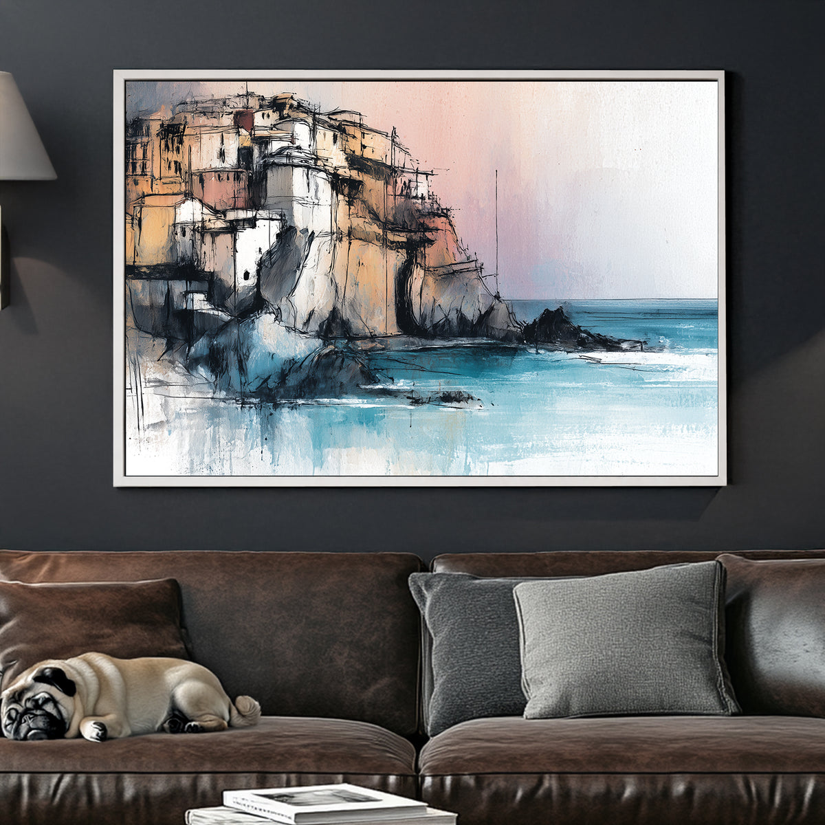 Cinque Terre mediterranean cliffside village wall art in pastel and turquoise tones