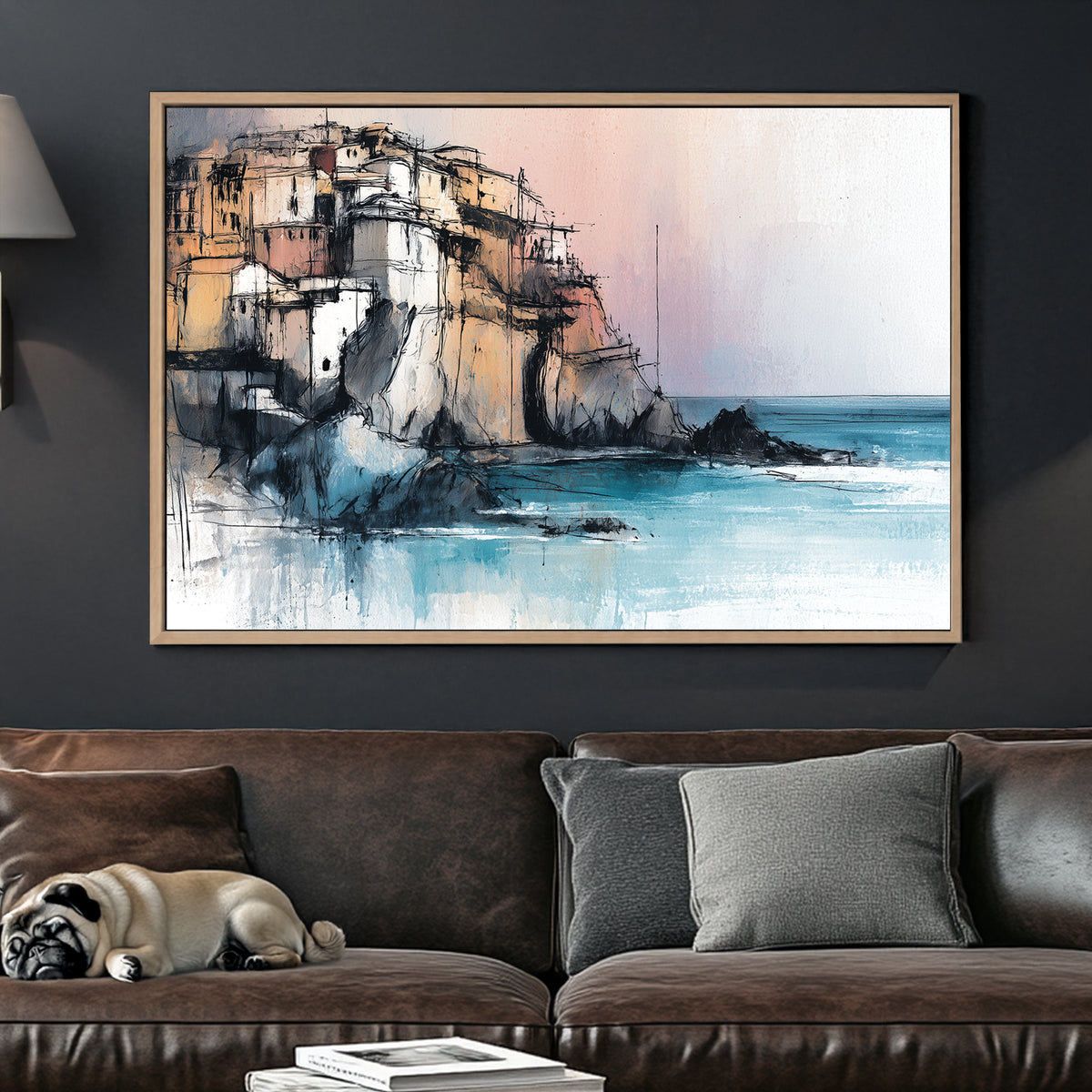 Cinque Terre mediterranean cliffside village wall art in pastel and turquoise tones
