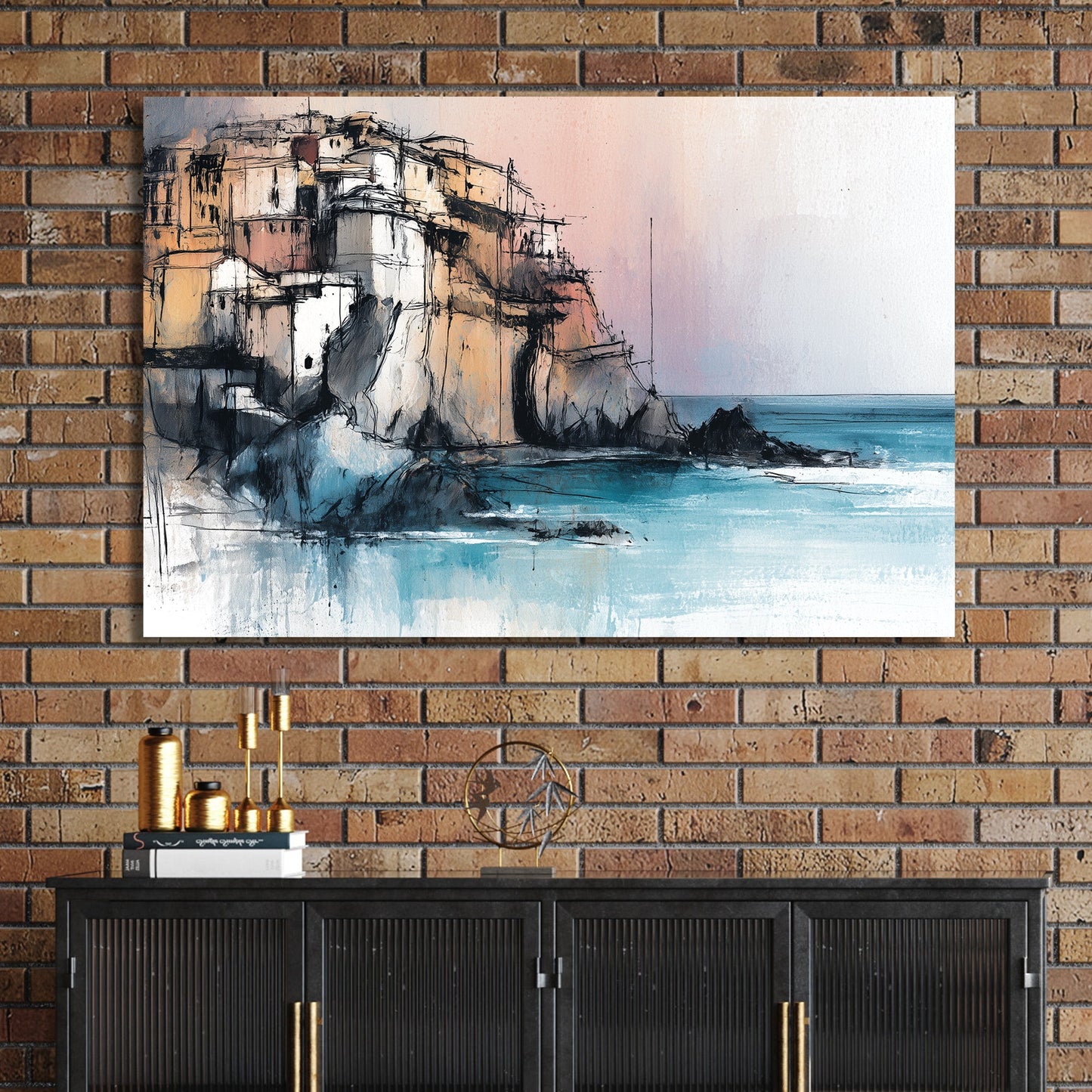 Cinque Terre mediterranean cliffside village wall art in pastel and turquoise tones