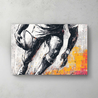 rugby player in motion painted wall art with black and orange accents