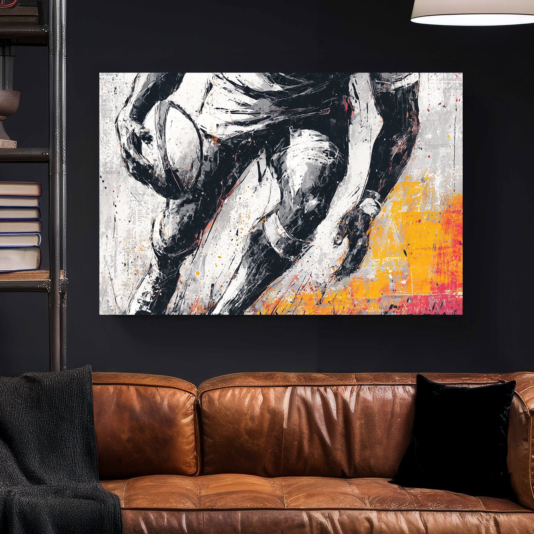 rugby player in motion painted wall art with black and orange accents