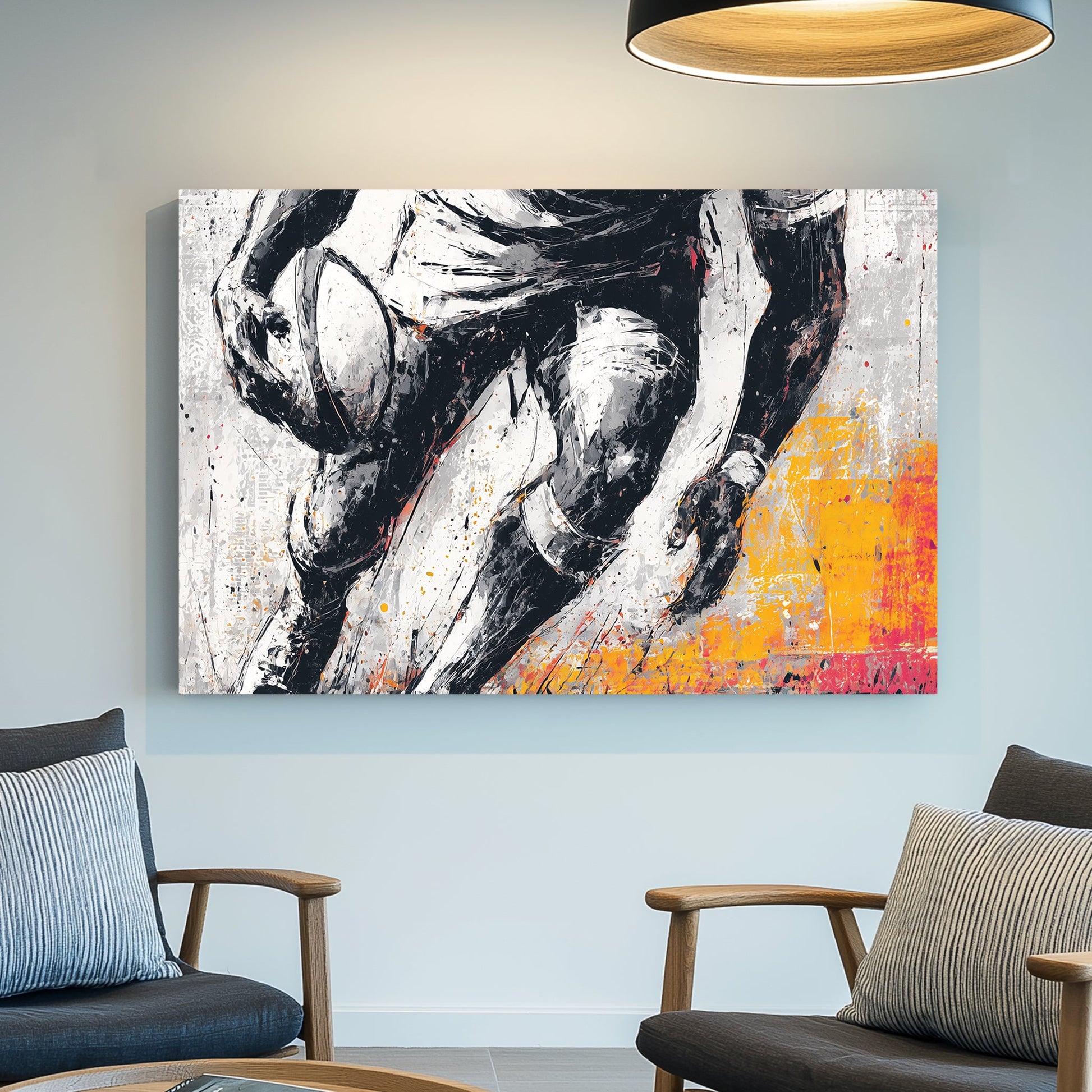 rugby player in motion painted wall art with black and orange accents