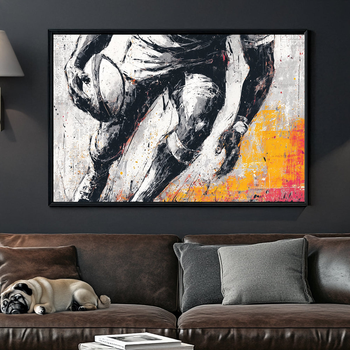 rugby player in motion painted wall art with black and orange accents