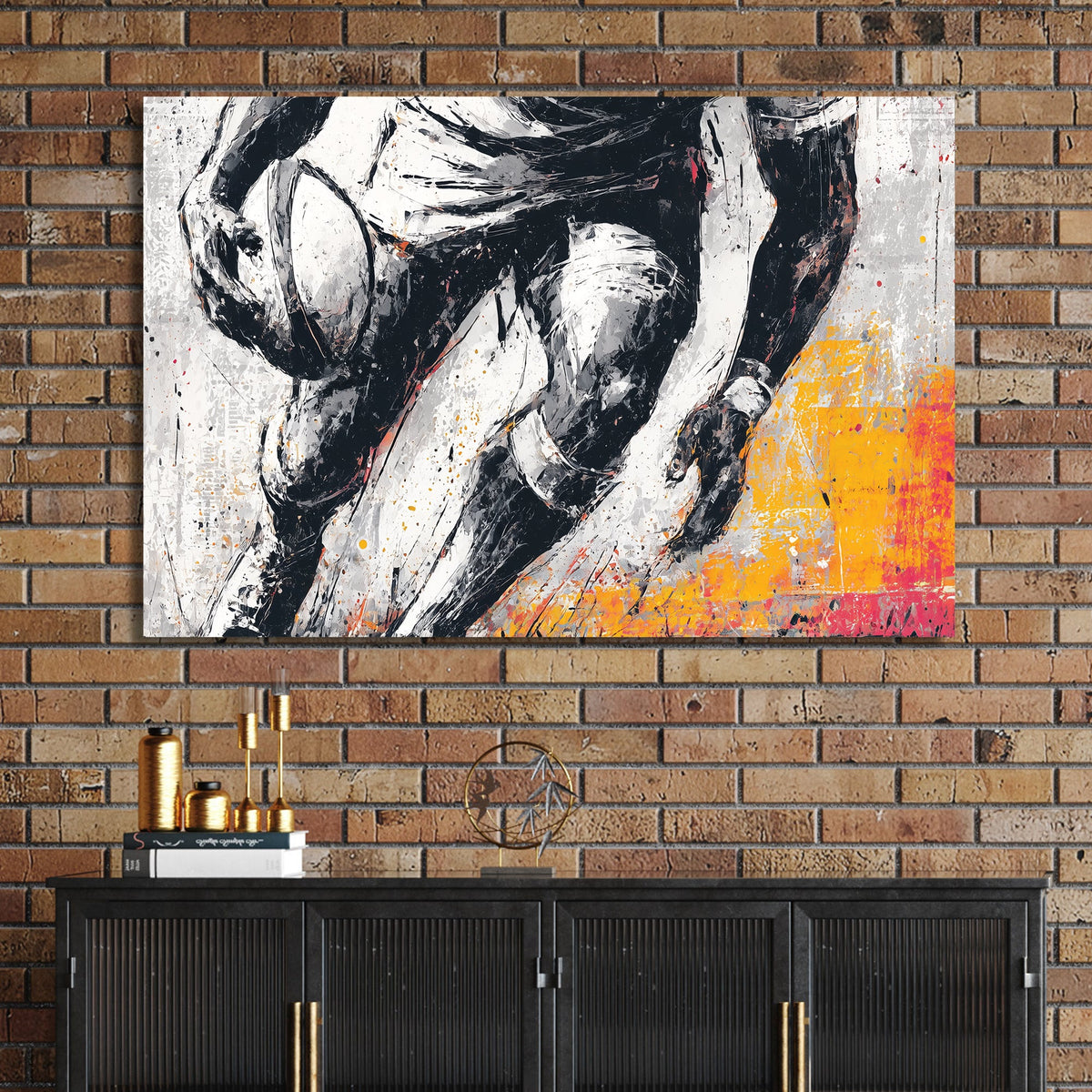 rugby player in motion painted wall art with black and orange accents