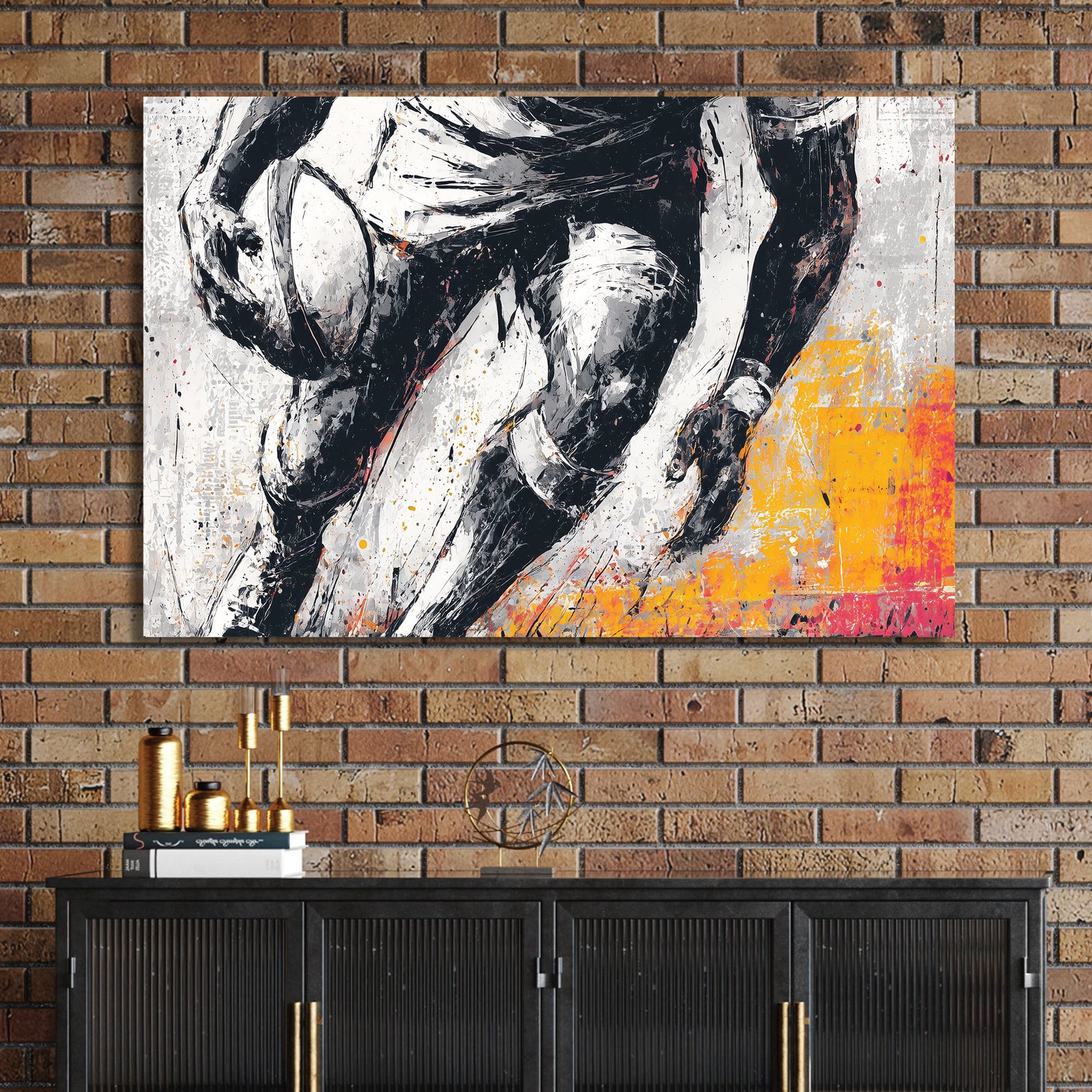 rugby player in motion painted wall art with black and orange accents