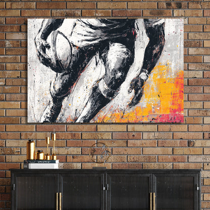 rugby player in motion painted wall art with black and orange accents