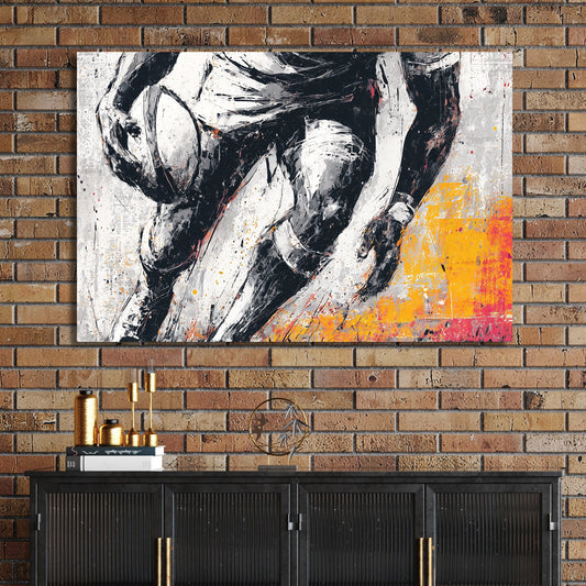 rugby player in motion painted wall art with black and orange accents