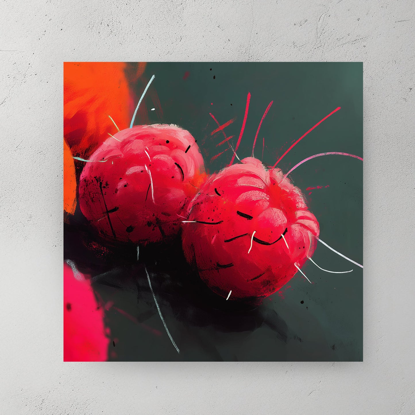 vibrant raspberry fruit abstract wall art with neon brushstrokes