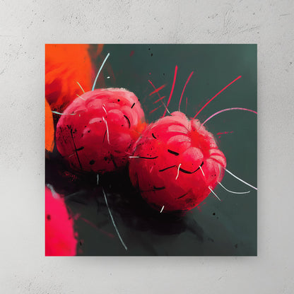 vibrant raspberry fruit abstract wall art with neon brushstrokes