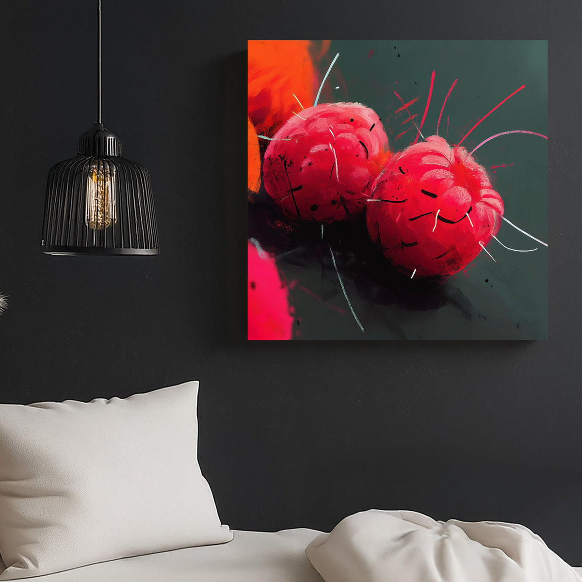 vibrant raspberry fruit abstract wall art with neon brushstrokes