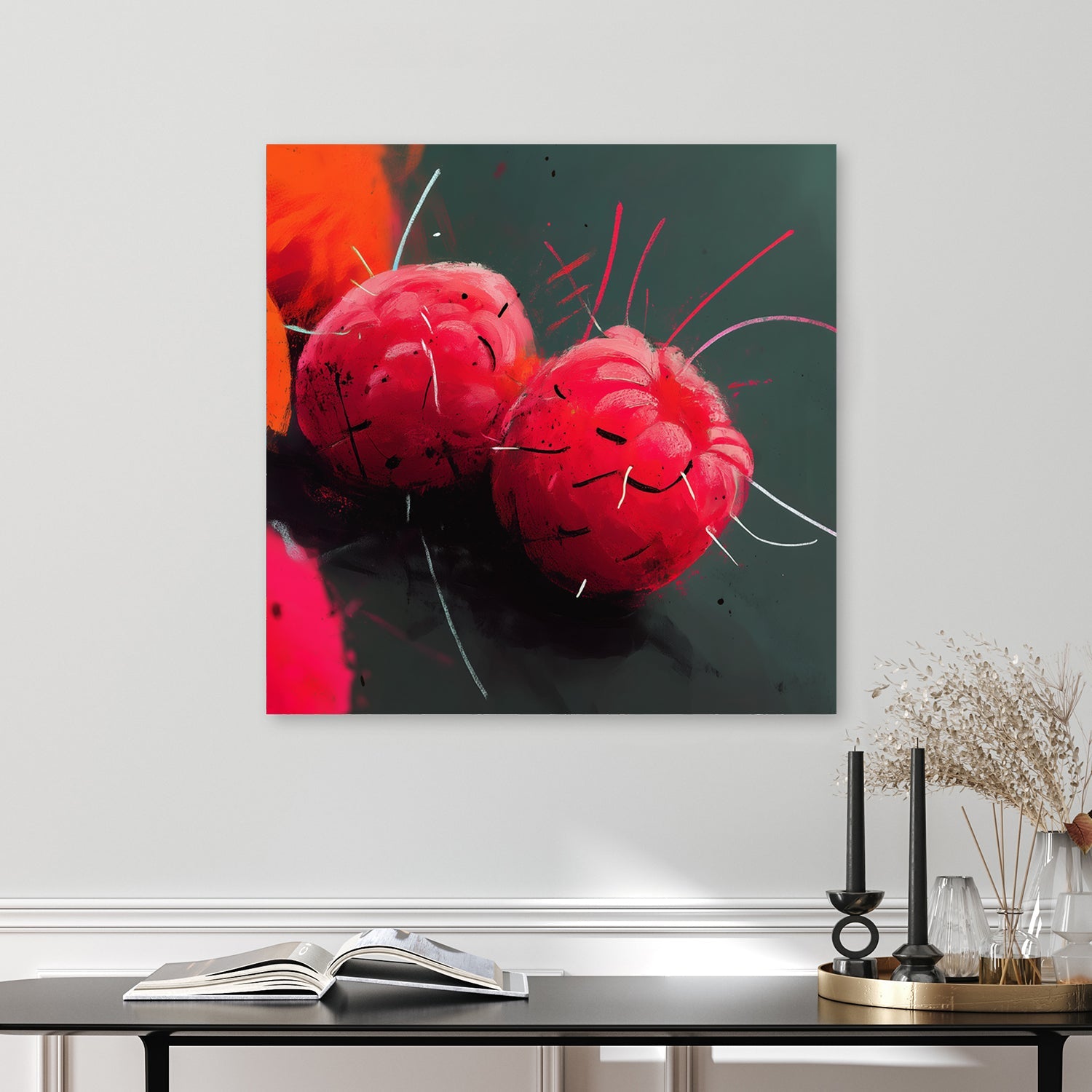 vibrant raspberry fruit abstract wall art with neon brushstrokes