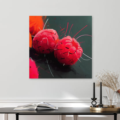 vibrant raspberry fruit abstract wall art with neon brushstrokes