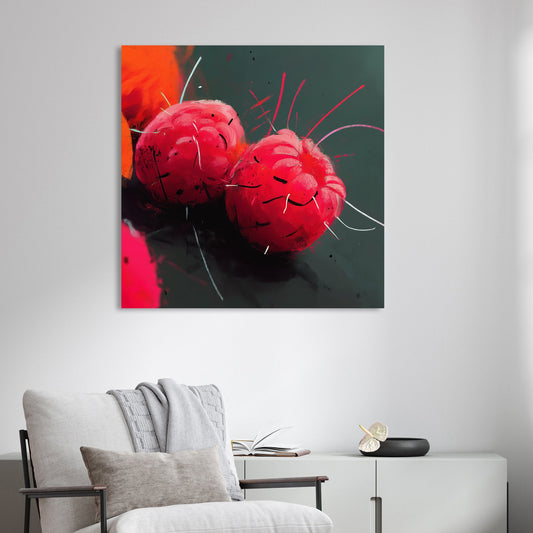 vibrant raspberry fruit abstract wall art with neon brushstrokes