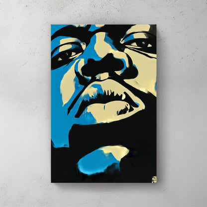 abstract biggie smalls stencil style portrait in blue black and cream