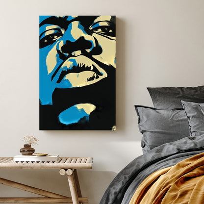 abstract biggie smalls stencil style portrait in blue black and cream