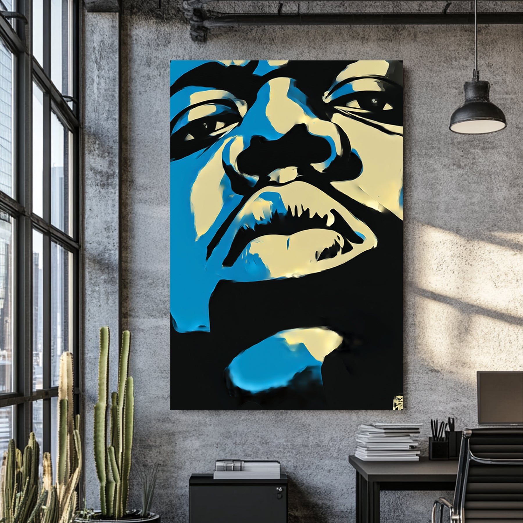 abstract biggie smalls stencil style portrait in blue black and cream