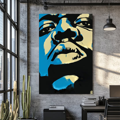 abstract biggie smalls stencil style portrait in blue black and cream