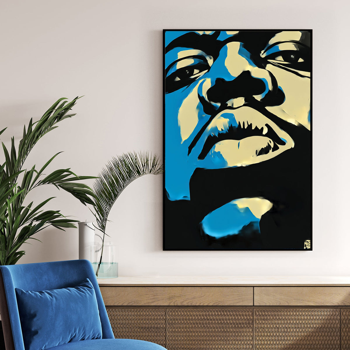 abstract biggie smalls stencil style portrait in blue black and cream