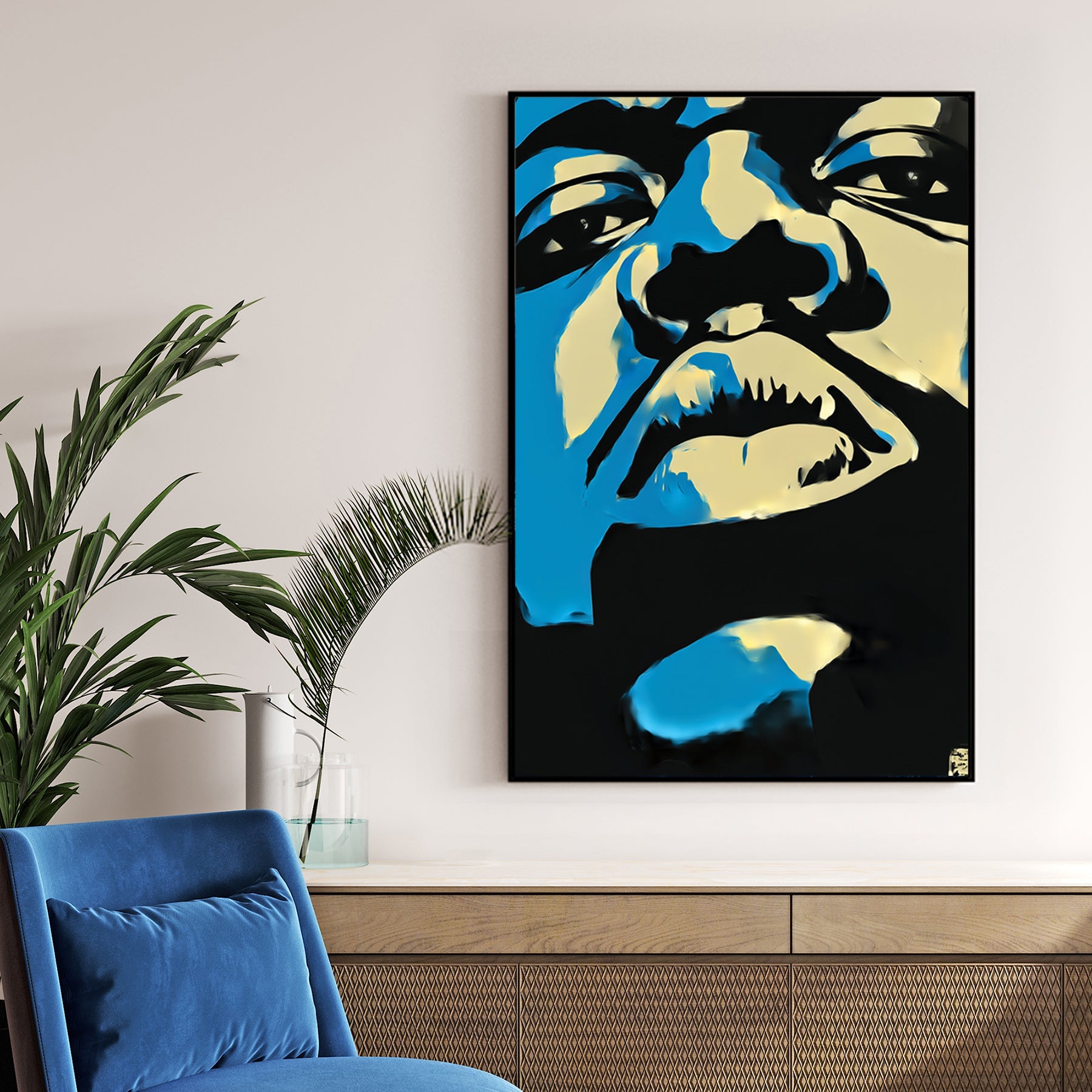 abstract biggie smalls stencil style portrait in blue black and cream